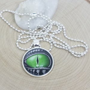 Green Dragon Eye Pendant Necklace: Silver Ball Chain, Fantasy Jewelry