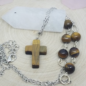 Tiger&#39;s Eye Cross Necklace: Stone Bead Religious Pendant