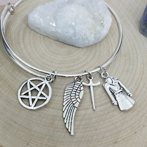Castiel Silver Charm Bangle: Supernatural Angel Wing Bracelet