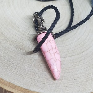 Pink Stone Shark Tooth Necklace: Hematite Wire Wrapped Pendant