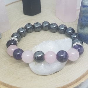 Rose Quartz Bracelet,Hematite Chakra Bracelet,Amethyst Bracelet,Amethyst Crystal Bracelet,Empath Protection Chakra Bracelet,Stretch Bracelet