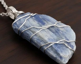 Raw Blue Kyanite Necklace, Wire Wrapped Crystal Pendant, Reiki Jewelry