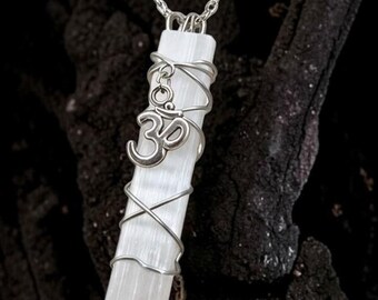 Selenite Necklace, OM Charm Wire Wrapped Crystal Pendant