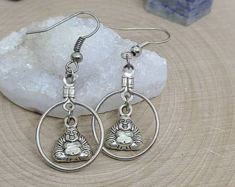 Buddha Tiny Hoop Earrings, Buddha Small Drop Earrings, Small Silver Hoops, Buddha Earrings, Buddha Charm Earrings, Buddha Earrings Dangle