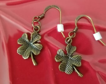 Shamrock Earrings, 4 Leaf Clover Earrings, Four Leaf Clover Brass Earrings,Shamrock Clover Earrings,Double Sided Earring,Front Back Earrings