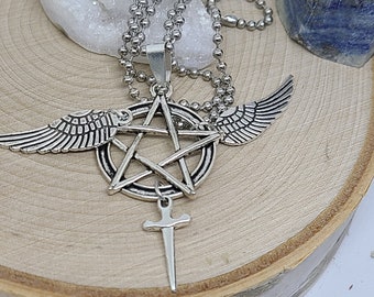 Supernatural Castiel Angel Wing Necklace,Castiel Angel Necklace,Castiel Supernatural Jewelry, Angel Wing Necklace,Pentagram Necklace