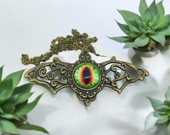 Antique Brass Bat Pendant Necklace, Evil Eye Pendant Gothic Necklace, Bat Necklace Talisman Jewelry