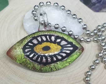 Yellow Crackle Blown Glass Evil Eye Pendant Necklace, Evil Eye Beaded Choker Jewelry, Boho Costume Fashion Jewelry, Egyptian Glass Necklace