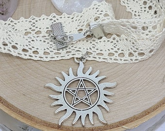 Supernatural Lace Choker Necklace, Supernatural Gifts, Lace Choker Charm Necklace, Lace Choker Pentacle Necklace, Pentagram Necklace