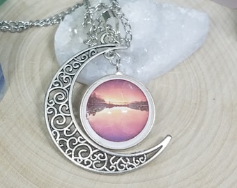 Crescent Moon Pendant Necklace,Moon Photo Pendant,Half Moon Necklace,Sun Pendant Planet Necklace, Galaxy Necklace Astronomy Gifts