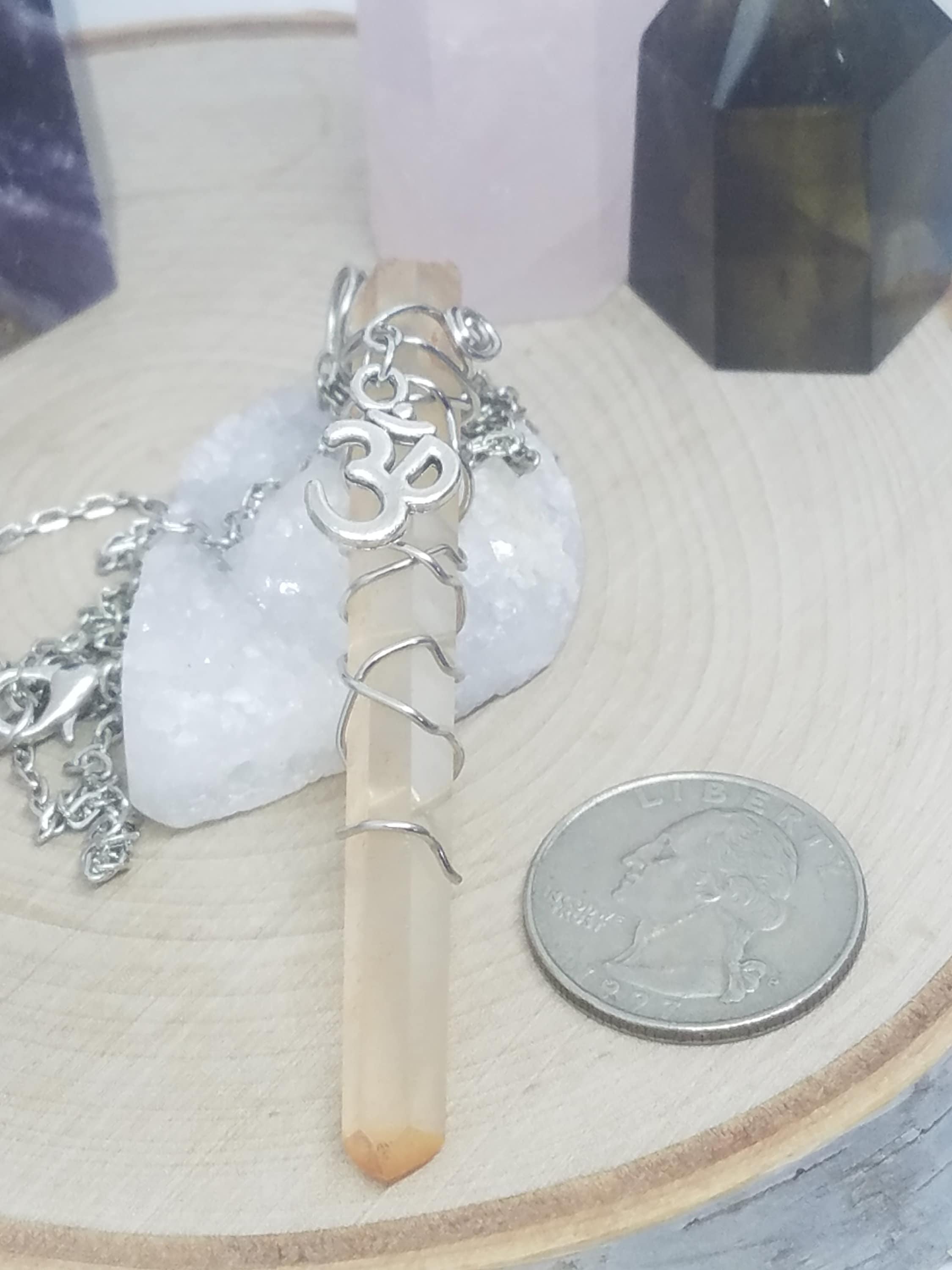 Lemurian Crystal Pendulum Necklace, Lemurian Quartz OM Necklace, Lemurian Crystal Point, Raw
