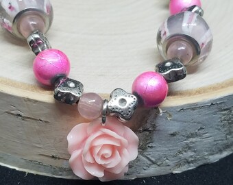 Pink Charm Bracelet,Pink Stretch Bracelet,Pink Flower Bracelet,Pink Crystal Bracelet,Pink Gemstone Bracelet, Pink Boho Bracelet