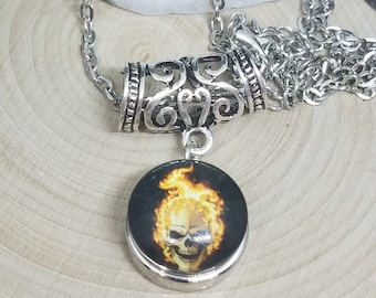 Fire Head Skull Head Snap Pendant Necklace, Mens Gothic Steampunk Jewelry, Boho Costume Fashion Jewelry, Wiccan Pagan Crystal Jewelry Gifts