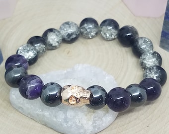 Skull Crystal Bracelet, Hematite Amethyst Bracelet,Hematite Stretch Bracelet,Amethyst Crystal Bracelet,Skull Pagan Bracelet,Anxiety Bracelet