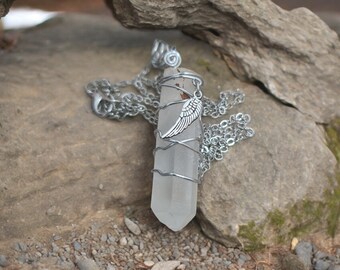 Crystal Quartz Point Necklace: Angel Wing Charm, Sterling Silver Plated
