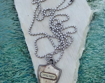 Silver Courage Badge Pendant Necklace, Charm Necklace