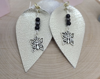 Faux Leather Teardrop Earrings: Silver Butterfly Charm, Jasper & Hematite Beads