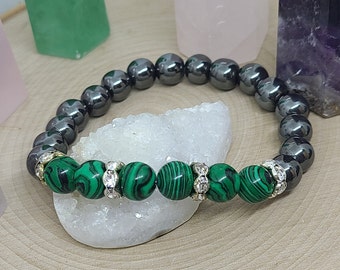 Malachite Crystal Bracelet, Malachite Chakra Bracelet, Hematite Malachite Bracelet, Malachite Beaded Bracelet, Malachite Gemstone Bracelet