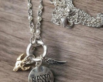 Be Blessed Silver Hand Stamped Pendant Necklace, Silver Angel Hammered Hand Stamped Jewelry, Engraved Silver Inspirational Necklace