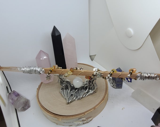 Featured listing image: Lemurian Crystal Wooden Wand, Lemurian Crystal Wand, Lemurian Magic Wands, Tangerine Quartz Wicca Wand, Tangerine Quartz Crystal Wand