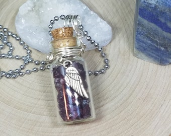 Garnet Necklace, Raw Garnet Glass Necklace, Garnet Crystal Bottle Necklace, Angel Wings Bottle Pendant, Garnet Crystal Pagan Necklace