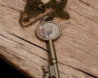 Stay Curious Inspirational Gothic Steampunk Photo Key Pendant Necklace, Wiccan Pagan Vintage Key Jewelry, Boho Costume Fashion Jewelry