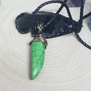 Green Stone Shark Tooth Necklace: Hematite Wire Wrapped Pendant