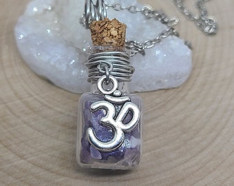 Amethyst Crystal OM Necklace, Amethyst Chips Bottle Necklace, Third Eye Empath Jewelry, Raw Amethyst Witchy Gifts, OM Amethyst Necklace