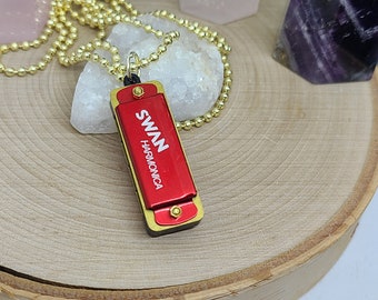 Working Harmonica Pendant Necklace: Red & Gold Musical Charm