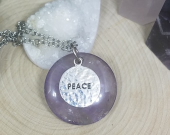 Amethyst Crystal Healing Necklace, Purple Crystal Stone Disc Jewelry, Third Eye Chakra Pendant Necklace, Empath Protection Necklace