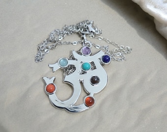 OM Chakra Pendant Necklace: Silver, 7 Chakra Crystals, Reiki Infused