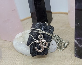 Black Tourmaline Crystal Necklace, Black Tourmaline OM Necklace, Raw Tourmaline Pendant, Raw Crystal Necklace, Tourmaline Crystal Necklace