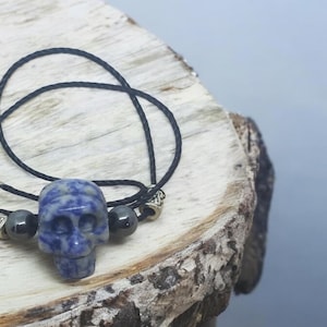 Lapis Lazuli Crystal Skull Pendant: Hematite Beaded Necklace