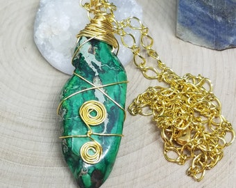Rainforest Jasper Crystal Necklace,Reiki Charged Crystal Jewelry,Crystal Healing Heart Chakra Boho Necklace,Wire Wrapped Protection Necklace