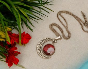 Crescent Moon Cityscape Pendant Necklace - 24" Silver Chain