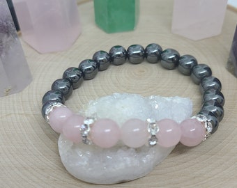 Rose Quartz Bracelet,Rose Quartz Jewelry,Rose Quartz Crystal Bracelet,Rose Quartz Stretch Bracelet,Hematite Crystal Bracelet