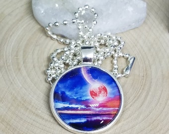 SPACE And PLANETS Glass Cabochon Pendant Necklace, Sci Fi Fantasy Celestial Moon And Stars Jewelry, Galaxy Boho Costume Fashion Jewelry