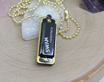 Working Harmonica Pendant Necklace: Black & Gold Musical Charm