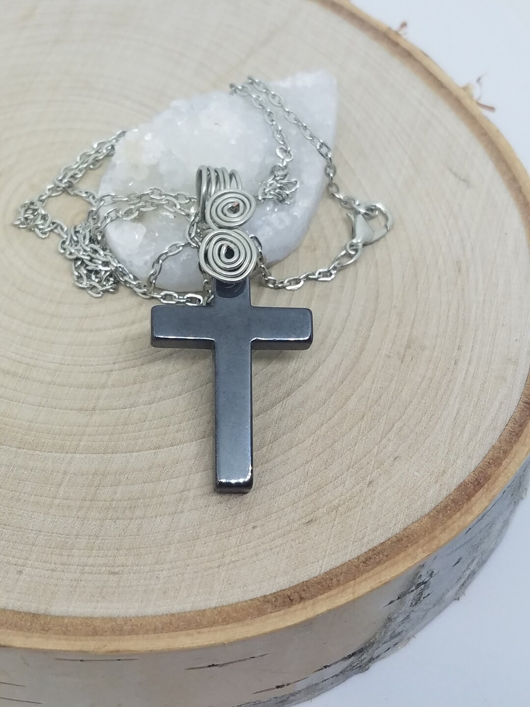 Hematite Crystal Cross Necklace, Mens Cross Necklace, Hematite Cross