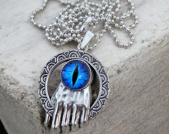 Silver Evil Eye Pendant Necklace, Gothic Medallion Hand Charm
