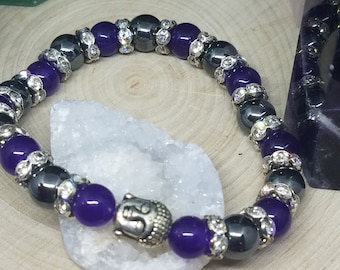 Buddha Meditation Bracelet, Amethyst Crystal Bracelet, Hematite Bracelet, Third Eye Chakra Bracelet, Empath Protection Bracelet