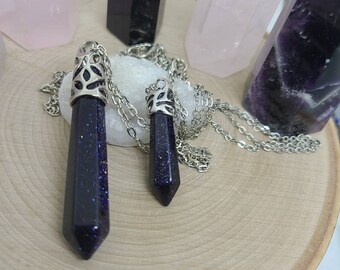 Blue Goldstone Pendulum Necklace, Blue Goldstone Crystal Necklace,Goldstone Crystal Point,Blue Goldstone Crystal Pendulum,Goldstone Pendulum