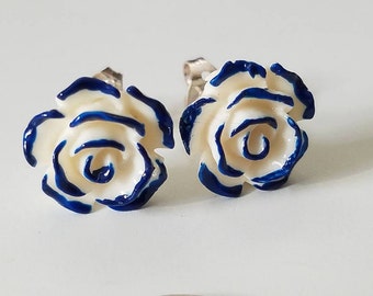 Rose Stud Earrings, Alice In Wonderland Blue Stud Earrings, Blue Stud Earrings, Earring Studs, Queen Of Hearts Flower Earrings,Rose Earrings