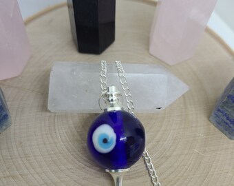 Evil Eye Quartz Crystal Pendulum: Silver Chain Altar Divination Tool