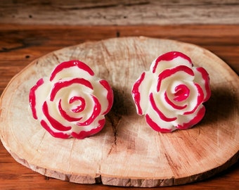 Rose Stud Earrings, Red Stud Earrings, Red Rose Studs, Alice In Wonderland, Queen Of Hearts Rose Earrings, Red Rose Painted Earrings