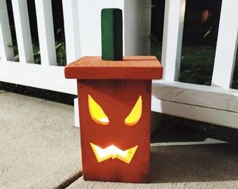 Handmade Wood Halloween Jack O Lantern Pumpkin Window Porch Decorations with LED Candle