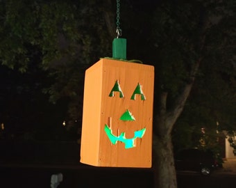 Handmade Hanging Wood Halloween Jack O Lantern Pumpkin with LED Light; Halloween Window and Porch Decorations
