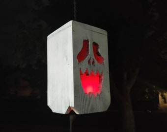 Handmade Hanging Wood Halloween Jack O Lantern Ghost with LED Light; Halloween Window and Porch Decorations