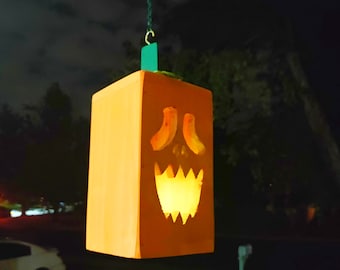 Handmade Hanging Wood Halloween Jack O Lantern Pumpkin with LED Light; Halloween Window and Porch Decorations