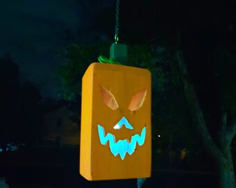 Handmade Hanging Wood Halloween Jack O Lantern Pumpkin with LED Light; Halloween Window and Porch Decorations
